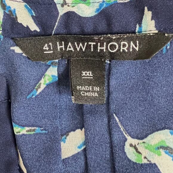 41 Hawthorn Womens Blouse XXL Navy Blue Hummingbird Print Tie Sleeve - Picture 5 of 7